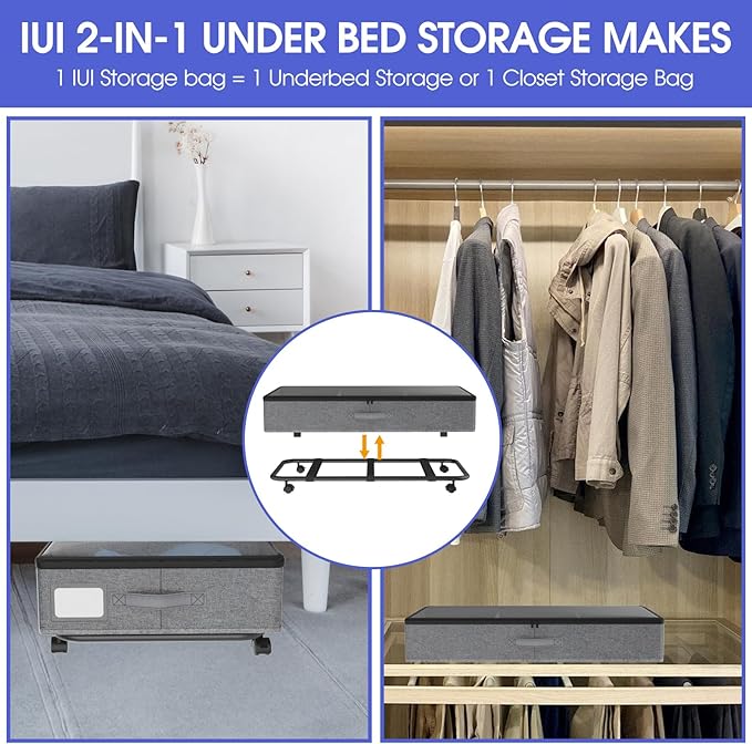 IUI Under Bed Storage with Wheels, 50L Capacity Under Bed Storage Containers, Under Bed Clothes Storage Containers with Clear Lid, Under Bed Storage Bins for Clothes,Shoes,Books,Toys,Gray,2 Pack-Ruum Studio Home