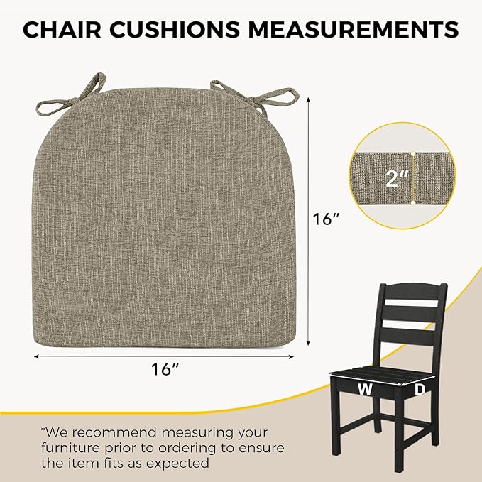downluxe Indoor Chair Cushions for Dining Chairs, Soft and Comfortable Textured Foam Kitchen Chair Pads with Ties and Non-Slip Backing, 16" x 16" x 2", Khaki, 6 Pack-Ruum Studio Home