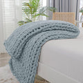 Bigacogo Chunky Knit Throw Blanket for Couch, 40x40 inches, 100% Hand Knitted with Thick Jumbo Chenille Yarn, Cozy Soft Large Rope Knot Cable Crochet Blankets for Sofa Bed Living Room, Dusty Blue-Ruum Studio Home