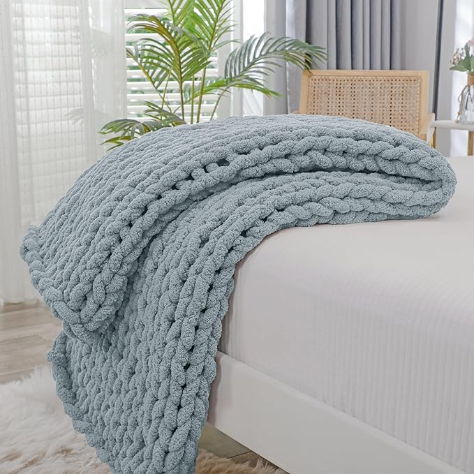 Bigacogo Chunky Knit Throw Blanket for Couch, 40x40 inches, 100% Hand Knitted with Thick Jumbo Chenille Yarn, Cozy Soft Large Rope Knot Cable Crochet Blankets for Sofa Bed Living Room, Dusty Blue-Ruum Studio Home