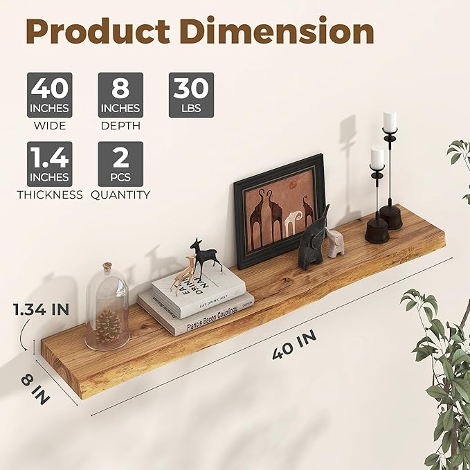 Axeman 40 inch Floating Shelves for Wall - 8'' D Live Edge Rustic Solid Elm Wood Floating Shelves Wall Mounted, Wall Shelves with Invisible Bracket for Living Room Bedroom Kitchen, 1 Pc Natural-Ruum Studio Home