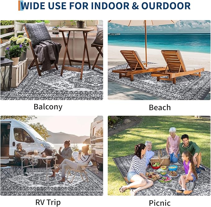 GAOMON Outdoor Patio Rug 9x12 Waterproof Reversible Plastic Straw Rug, Large UV-Resistant Portable RV Camping Mats, Indoor Outdoor Rugs for Outside Deck Porch Garden RV, Gray & White-Ruum Studio Home