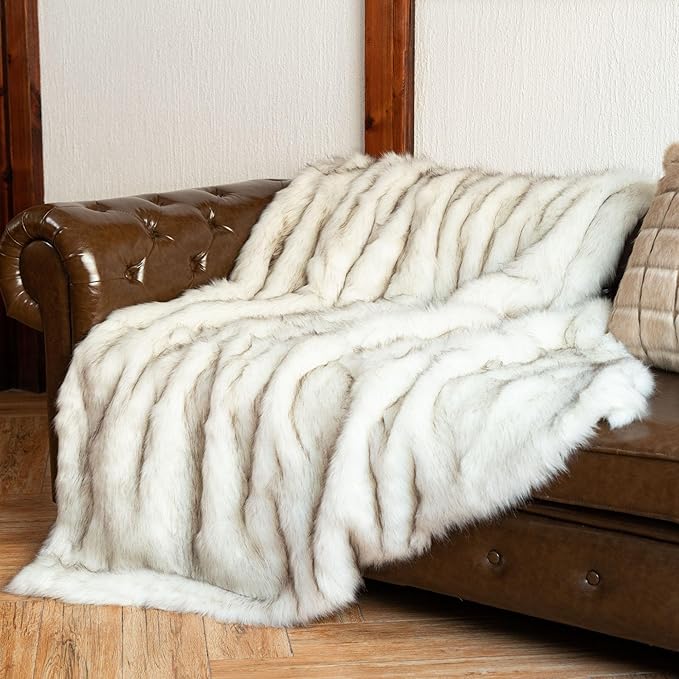 BATTILO HOME Luxury Ivory White Faux Fur Throw Blanket for Bed, Extra Large Super Soft Fluffy Cozy Fall Thick Warm Fox Fur Throw Blankets for Couch, Bed Reversible to Plush Velvet (60"x80")-Ruum Studio Home