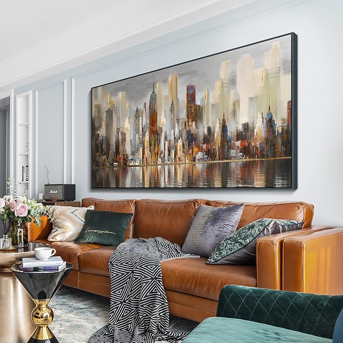 Mofutinpo Large Black Framed Cityscape New York abstract wall art Brown City Theme Paintings Modern Canvas office wall decor living room modern artwork Size 30x60-Ruum Studio Home