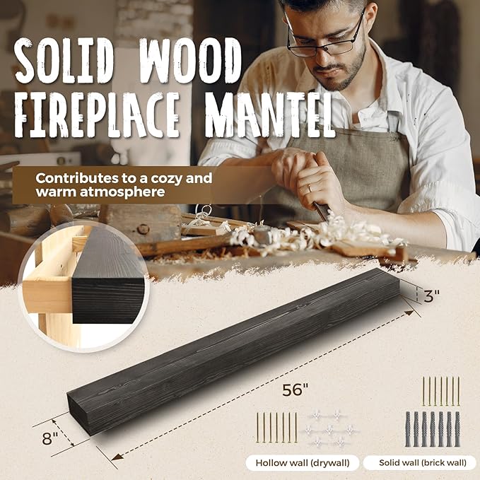 56x8x3 Fireplace Mantel - Handcrafted Hollow Rustic Solid Wood Wall Mounted Floating Shelf with Invisible Heavy Duty Wood Bracket (Weathered Black)-Ruum Studio Home