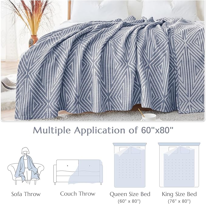 JINCHAN Boho 100% Cotton Blanket Muslin Twin Size 60x80 Inches Lightweight 3-Layer Geometric Triangle Striped Pattern Reversible Quilt Throw Soft Breathable Comfy All Seasons for Couch Bed Decor, Blue-Ruum Studio Home