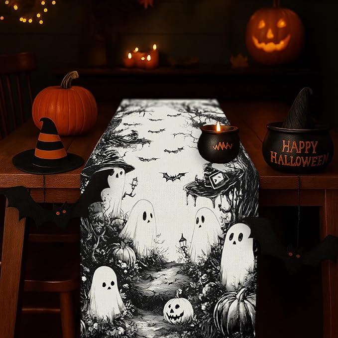 GPGHE Halloween Table Runner Black Ghost Holiday Burlap Table Decoration Indoor Outdoor Home Decor Party Supply 13 x 90 Inch-Ruum Studio Home