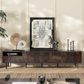 Modern TV Stand for TVs up to 85", Mid-Century Media Console with Checkered Cabinet Doors, Storage Drawers & Open Shelves, Wood Entertainment Center with Metal Legs-Ruum Studio Home