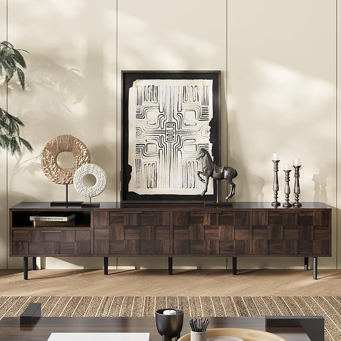 Modern TV Stand for TVs up to 85", Mid-Century Media Console with Checkered Cabinet Doors, Storage Drawers & Open Shelves, Wood Entertainment Center with Metal Legs-Ruum Studio Home