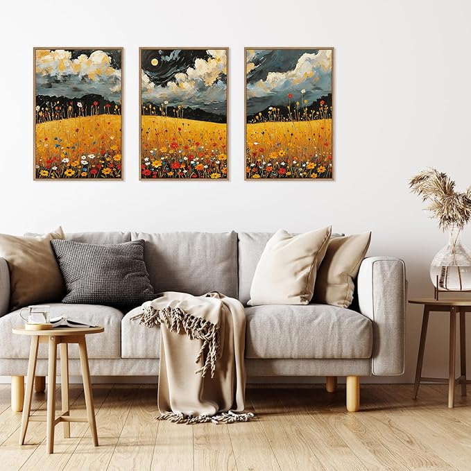 HLNIUC Mystical Moonlight Framed Wall Art Set,Night Moon Wildflower Canvas Wall Decor,Full Moon Mountain Flower Art Print,Large Golden Floral Landscape Wall Painting for Living Room,Office - 16”x24”x3-Ruum Studio Home