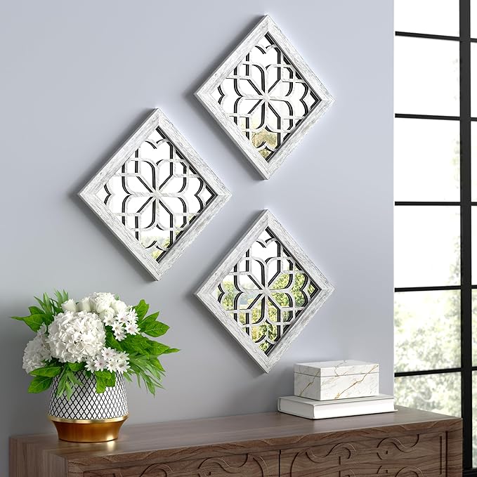4pcs Farmhouse Wall Mirror with Carved Floral Design -Rustic Mirror Decor for Home, 12x12 inch(Grey)-Ruum Studio Home
