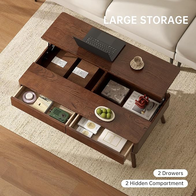 100% Solid Wood Lift Top Coffee Table for Living Room, Mid Century Modern Tables with Drawers and Large Storage, Oak Wood Coffee Tables for Small Spaces (Oak Walnut Color, 47.24"W x 23.62"D x 25.59"H)-Ruum Studio Home