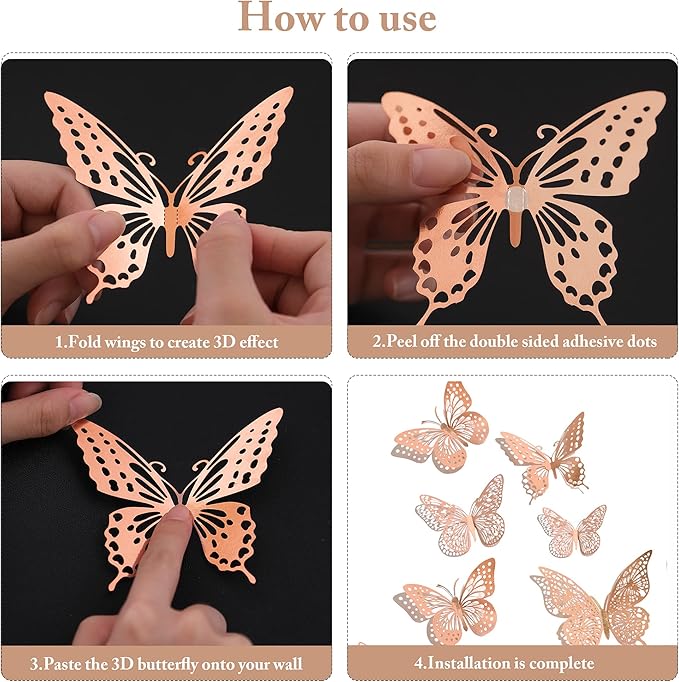 SAOROPEB 3D Butterfly Wall Decor, 48 Pcs 4 Styles 3 Sizes, Removable Metallic Wall Sticker Room Mural Decals for Kids Bedroom Nursery Classroom Party Decoration Wedding Decor DIY Gift (Rose Gold)-Ruum Studio Home