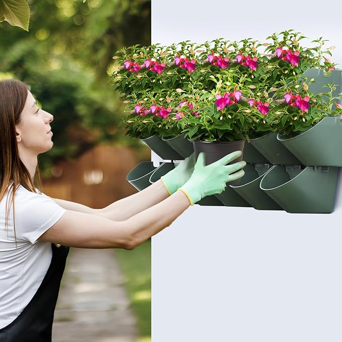 Worth Garden Upgraded 6 Sets (18 Pockets) Self Watering Stackable Vertical Planters - Wall Mounted Plastic Plant Grow Pots for Strawberries Flowers Herbs - Indoor Outdoor Green Wall Decoration (Green)-Ruum Studio Home