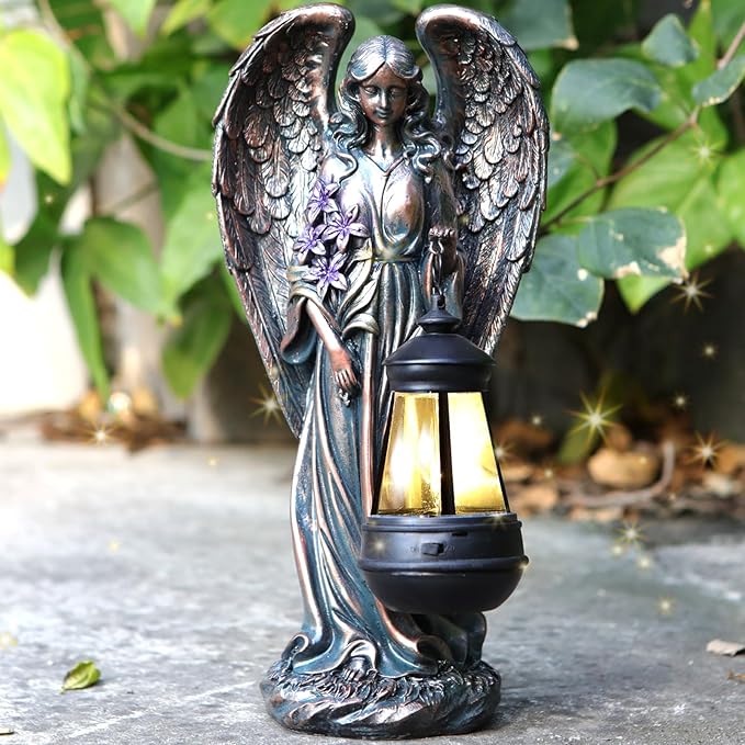 Solar Angel Outdoor Garden Decor Statues – 13.2 inches Solar Outdoor Sculptures for Outside Yard Art Patio Balcony Front Lawn Ornaments Gifts for Mom Grandma Women（Bronze）-Ruum Studio Home