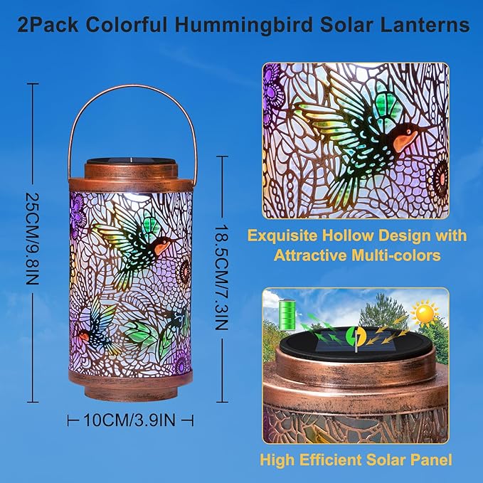 2Pack Solar Lanterns Outdoor Waterproof Hummingbird Colorful Garden Gifts for Mom, Multicolor Solar Lights Lantern for Backyard Garden, Pathway, Outside, Mothers' Day Gifts for Grandma Women-Ruum Studio Home
