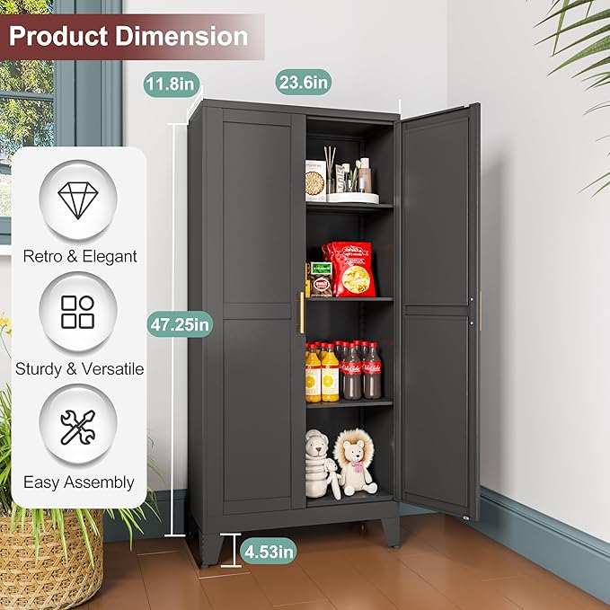 Metal Pantry Cabinet with 2 Doors and Adjustable Shelves, Kitchen Storage cabinets with Gold Handles, Versatile Storage for Laundry Room,Living Room,Bathroom,Dinning Room-Black-Ruum Studio Home