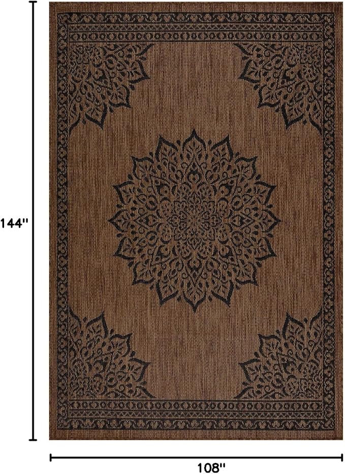 CAMILSON Outdoor Rug, 9x12 Medallion Nut Brown Black Modern Area Rugs for Large Indoor and Outdoor Patios, Kitchen and Hallway Mats, Washable Porch Deck Outside Carpet (Nut Brown Black, 9 x 12)-Ruum Studio Home