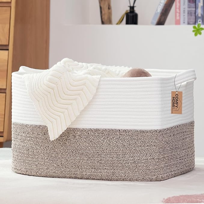 COMFY-HOMI Large Laundry for Organizing|Rectangle Cotton Rope Storage with Handles|Blanket for Living Room|Woven Laundry for Towels, Toys, Clothes-22x15x12”-White/Brown-Ruum Studio Home