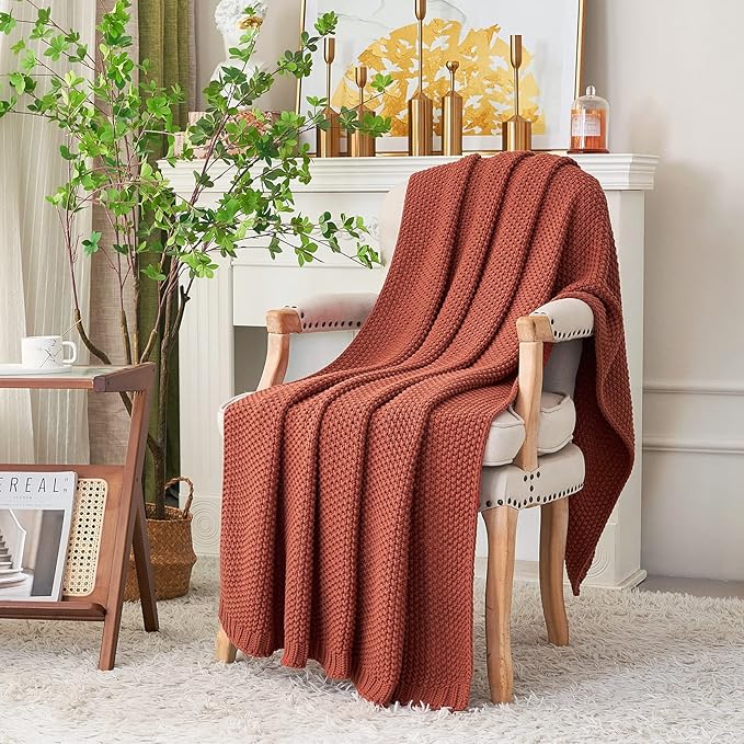 Longhui bedding Chunky Cable Knit Throw Blanket Lightweight Rust 100% Organic Cotton Blanket for Sofa Couch Bed Baby Nursery, Rustic Shabby Chic Modern Farmhouse, 60” x 80” Give Laundering Bag-Ruum Studio Home