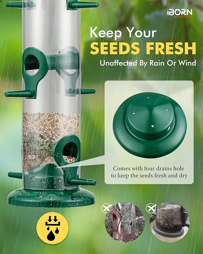 iBorn Metal Bird Feeders 6 Ports Hanging Wild Bird Seed Feeder for Mix Seed Blends, Niger Seed Feeder, Sunflower Heart, Birdbath, Heavy Duty All Metal Green Finishing 14 Inch 6Port-Ruum Studio Home