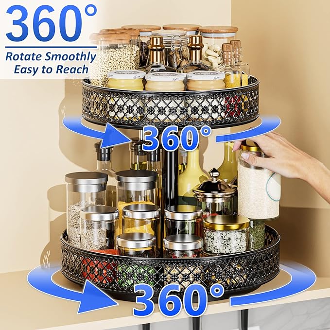 Lazy Susan Organizer 2 Tier - Turntable Spice Rack 12 inch Adjustable Metal Rotating Lazy Susan for Cabinet Pantry Kitchen Countertop Dining Table Cupboard Bathroom Vanity Storage Black-Ruum Studio Home