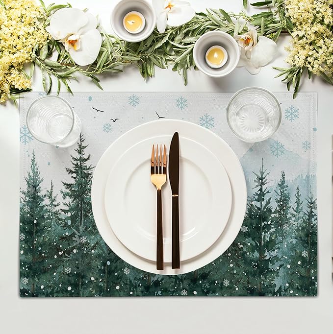 Winter Pine Tree Snowflake Placemats Set of 4 Christmas Snow Green Forest Place Mat 12x18 Inch Seasonal Xmas Holiday Rustic Nature Washable Fabric Table Mats for Farmhouse Kitchen Dining Decoration-Ruum Studio Home