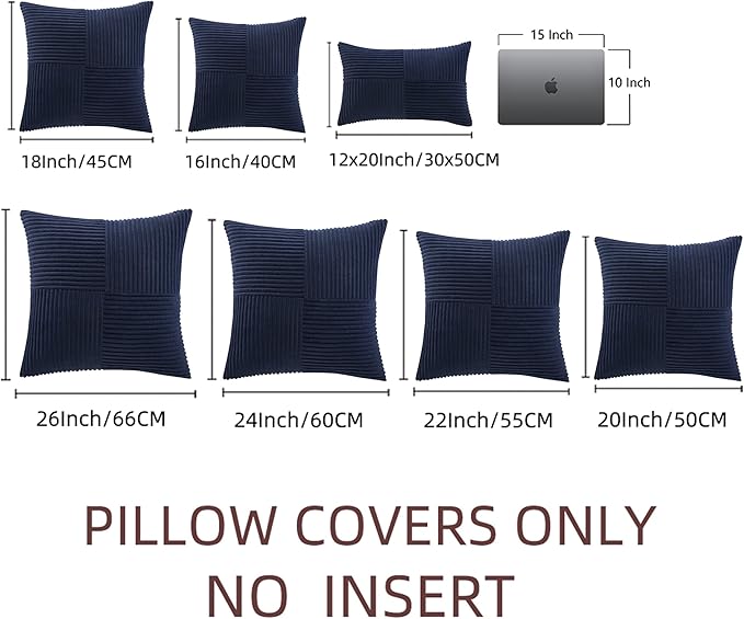 Fancy Homi 2 Packs Navy Blue Big Decorative Throw Pillow Covers 24x24 Inch for Living Room Couch Bed Sofa, Rustic Farmhouse Boho Home Decor, Soft Corss Corduroy Patchwork Accent Cushion Case 60x60 cm-Ruum Studio Home