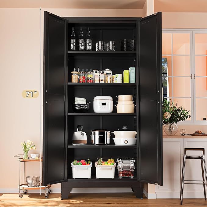 71'' Farmhouse Metal Storage Cabinet with Barn Doors,Steel File Cabinet for Home Office,Kitchen Pantry 4 Adjustable Shelves,Freestanding Cupboard for Kitchen,Home Office (Black)-Ruum Studio Home