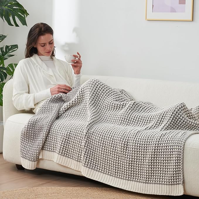 Amélie Home Chenille Waffle Throw Blanket for Couch, Reversible Pineapple Stitch Knit Soft Cozy Knit Blanket Lightweight Warm Decorative Throw for Sofa, Bed, Living Room, 50"x60", Grey&Ivory-Ruum Studio Home