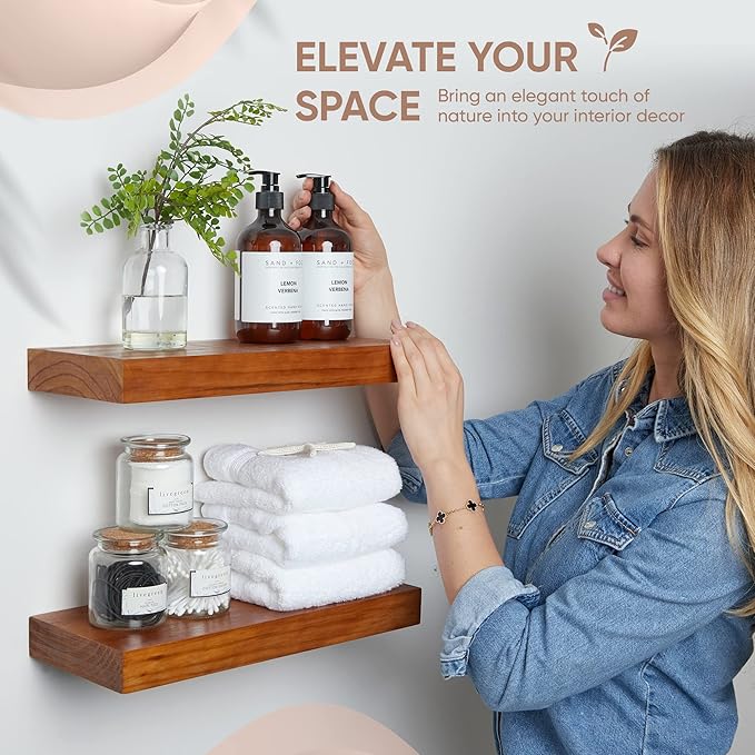 Homeforia 16 inch Oak Floating Shelf, High End Solid Real Wood 16inch Small Floating Shelves for Wall Mounted, Honey Oak Wooden 16in Floating Shelves, Heavy Duty Bracket, 16 X 6.5 X 1.75 in, Set of 3-Ruum Studio Home