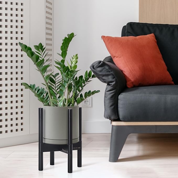 D'vine Dev Ceramic Planter with Ebony Stand - 8 Inch Modern Round Flower Pot with Wood Planter Holder, Grey, 55-B-M-3-Ruum Studio Home