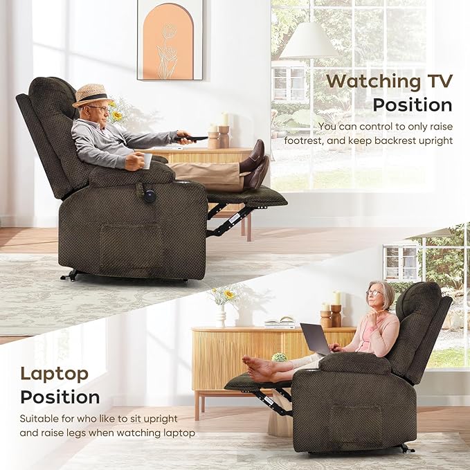 Oversized Dual Motor Lay Flat Power Lift Recliner Chair with Massage, Heating, Lumbar Pillow, USB & Type-C Ports, Textile Lift Chairs Recliners, Large Recliner for Big & Elderly People - Brown-Ruum Studio Home