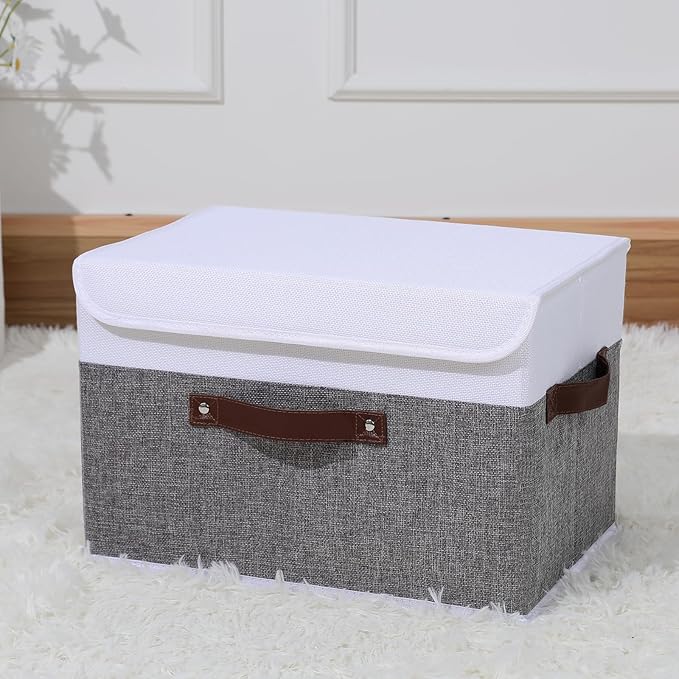 ANMINY Storage Boxes with Lids Washable Decorative Storage Bins Basket with PU Leather Handle Foldable Linen Fabric Storage Cubes Containers for Home Closet Organizer - Gray White, Large Size-Ruum Studio Home