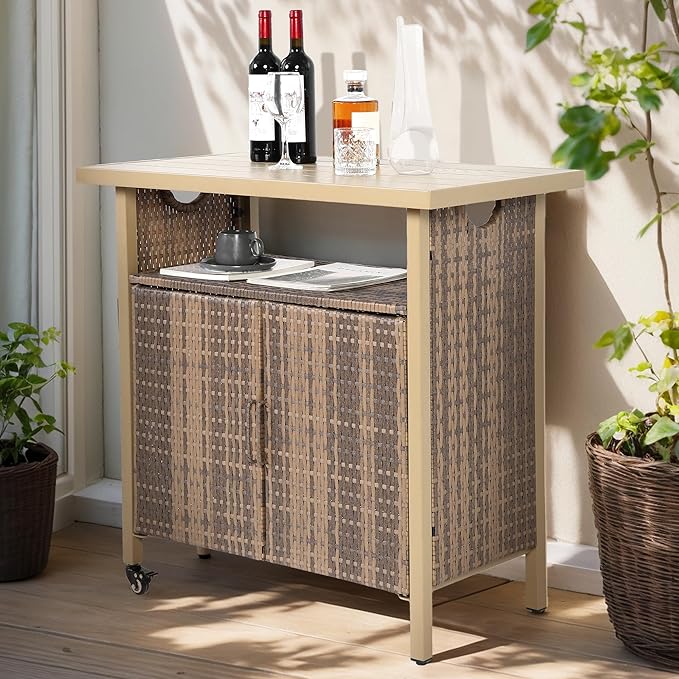 Outdoor Indoor Storage Cabinet with Rolling Wheels, Patio Serving Cart with Bar Table and Wicker Cabinet, Kitchen Island Prep Table, Beige-Ruum Studio Home