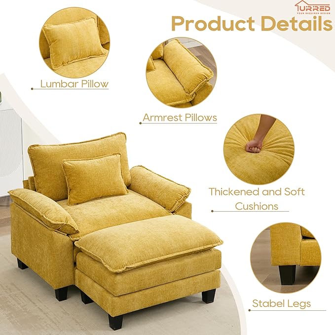 URRED Modular Sectional Sofa Comfy Cloud Couch, Modern Chenille Sofa Sleeper Deep Seat Couches with Ottoman/Pillows for Living Room (Yellow, 53''- Ottoman)-Ruum Studio Home
