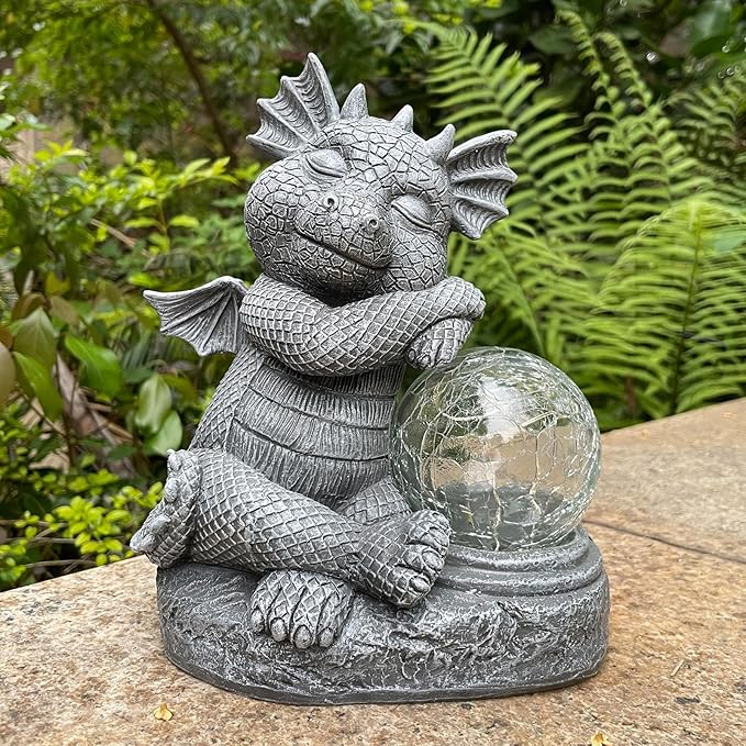 Garden Dragon Figurine Solar Powered Outdoor Cute Dragon with Hold Glowing Glass Ball Resin Sculpture for Porch Patio Lawn Farm Yard Home Decoration Gift for Women Housewarming-Ruum Studio Home