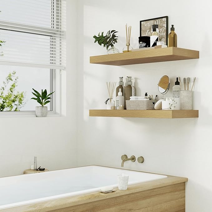 12" Deep Oak Floating Shelves,Over Toilet Long Wall Mounted Modern Farmhouse 36 inches,Wall Shelves with Invisible Brackets for Bedroom, Bathroom, Living Room, Kitchen, Set of 1-Ruum Studio Home