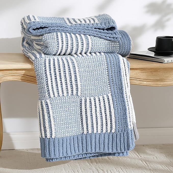 Amélie Home Chenille Knit Throw Blanket for Couch, Checkered Texture Decorative Soft Blanket for Sofa, Bed & Living Room, 50"x60", Blue & White-Ruum Studio Home