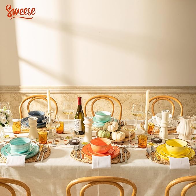 Sweese Plates and Bowls Sets, 18 Piece Dinnerware Set Porcelain Round Dinner Set for 6, Scratch Resistant Dishes Set, Dishwasher Oven Microwave Safe Handpainted Swirl Dishware Sets, Assorted Colors-Ruum Studio Home