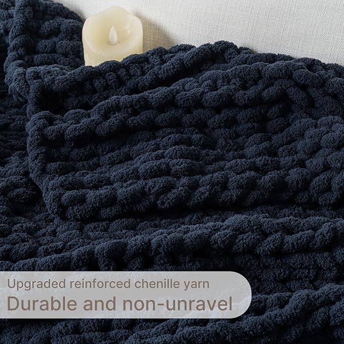 Chunky Knit Blanket Throw, 100% Hand Knit Throw Blanket Handmade Chenille Cable Knit Throw for Couch, Stylish Cozy Soft Rope Knot Crochet Blanket for Home Decor, Navy Blue, 50x60 Inches-Ruum Studio Home