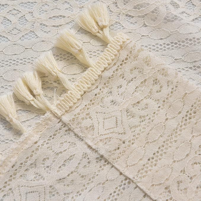 Sutuo Home Boho Sheer Curtain Valance Crochet Lace with Bohemian Hollow Knitted Handmade Tassels, Short Rustic Window Treatment for Kitchen Cafe, Rod Pocket, 1 Panel 59" W x 24" L,Beige-Ruum Studio Home