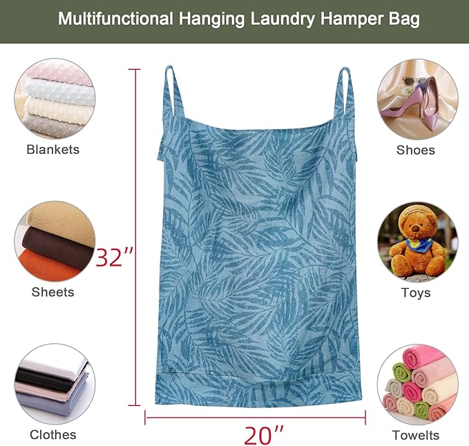 Linen Hanging Laundry Bag, 100% Linen Leaf Print Over The Door Laundry Hamper with Buttons and Zipper, Space Saving Door Hampers for Laundry Dirty Clothes Home Travel, Blue, 19.7x27.5inches-Ruum Studio Home