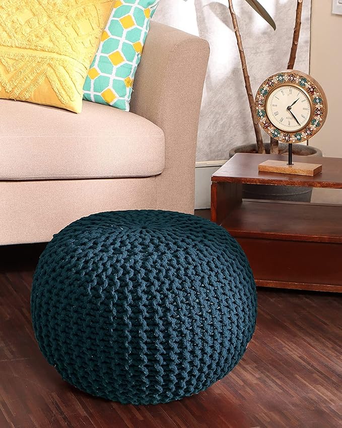 REDEARTH Round Pouf Bean Bag Ottoman - Foot Stool Hand Knitted - Home Decor Pouffe Stuffed - Cable Boho Poof Beanbag Footrest for Living Room - Nursery - Bedroom - Patio (19.5"x19.5"x14") - Teal-Ruum Studio Home