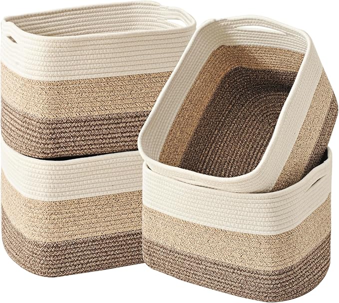 Storage Baskets for Organizing & Shelves, Woven Cotton Rope Organization Bins for Dog Toys, Clothes, Books, Nursery Organizer, 15"Lx11"Wx9.5"H, (4 Packs) Gradient Brown-Ruum Studio Home