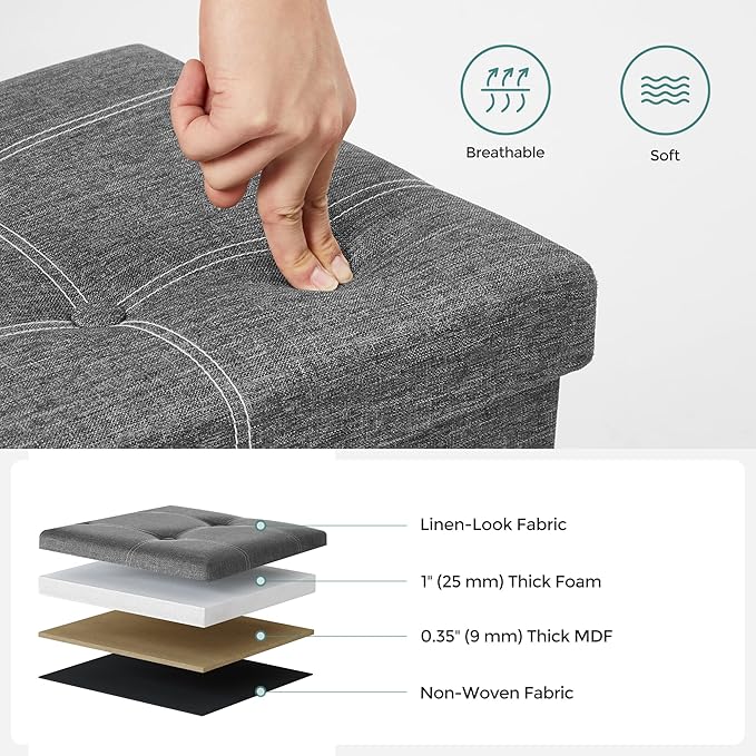 SONGMICS Mazie Collection - 43 Inches Ottoman Storage Bench, 35 Gal. Folding Chest with Breathable Linen-Look Fabric, Load up to 660 lb, for Entryway, Living Room, Bedroom, Dark Gray ULSF077G04-Ruum Studio Home