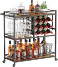 Lifewit Bar Cart for The Home, 3 Tier Drink Cart with Lockable Wheels, 12 Wine Rack and 3 Rows Glass Holders, Liquor Serving Cart for Kitchen Dining Livingroom, 31.6" x 13.1" x 33.9", Rustic Brown-Ruum Studio Home