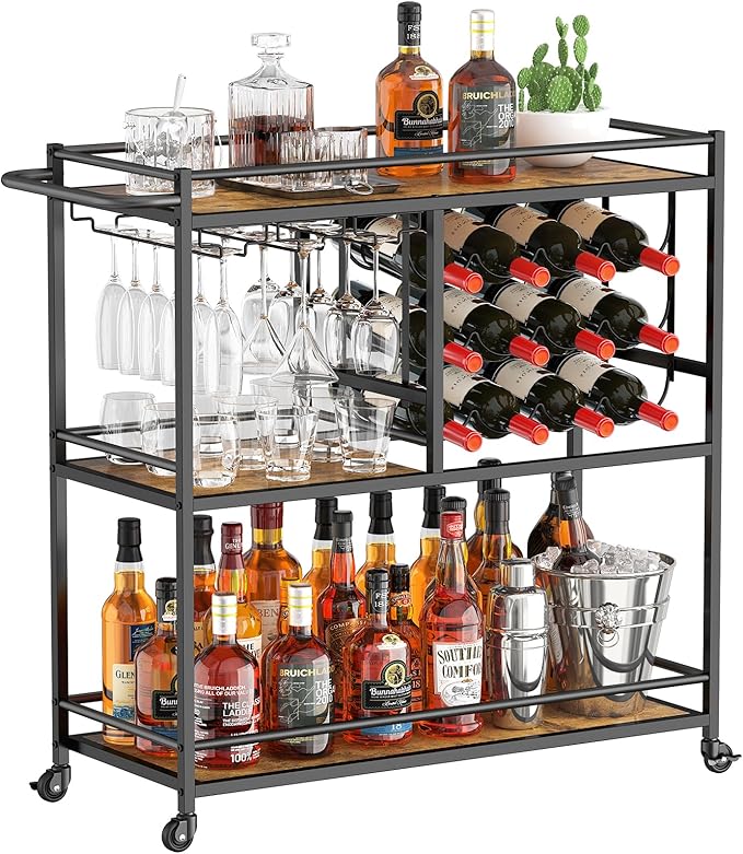 Lifewit Bar Cart for The Home, 3 Tier Drink Cart with Lockable Wheels, 12 Wine Rack and 3 Rows Glass Holders, Liquor Serving Cart for Kitchen Dining Livingroom, 31.6" x 13.1" x 33.9", Rustic Brown-Ruum Studio Home
