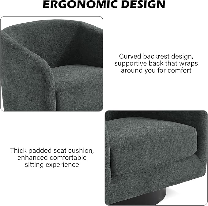 Swivel Barrel Accent Chair, Modern Round Chenille Fabric Arm Chair for Living Room, Bedroom, Comfy Club Reading Chairs for Adults（Chenille Fabric, Grey, Set of 2-Ruum Studio Home