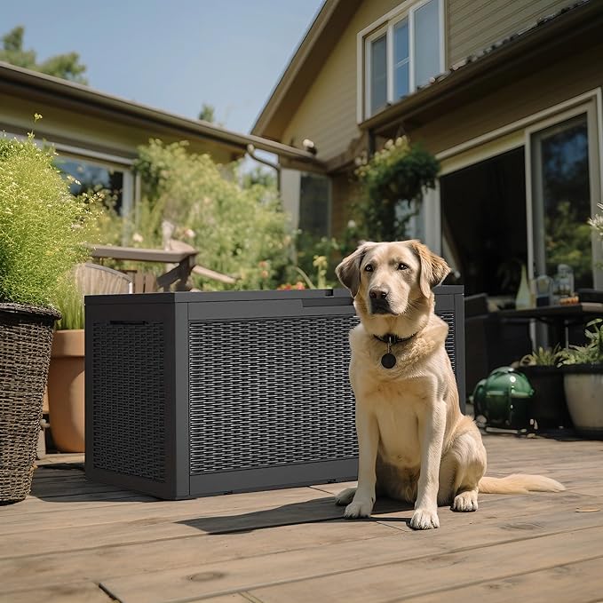 100 Gallon Outdoor Storage Box,Large Waterproof Resin Deck Box,Lockable Storage Container with Reinforced Support for Patio Cushions,Garden Tools,UV-Resistant（Black Rattan）-Ruum Studio Home